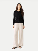 front view of a black cardigan and white pants on a white background #color_black