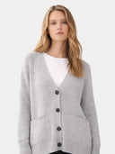Woman wearing a gray cardigan over a white shirt on a light gray background #color_high-rise