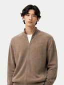 Man wearing a brown zip-up cardigan on a white background #color_taupe