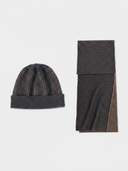 Dark gray knit hat and scarf set on a light gray background #color_unknown