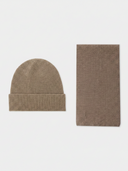 flat lay of a taupe colored beanie and textured scarf on a light gray background. #color_taupe