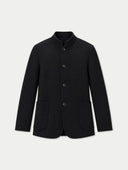 A black long-sleeve jacket with a mandarin collar and three front buttons, displayed on a light gray background.