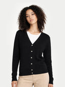 Woman wearing a black cardigan over a white shirt on a light gray background #color_black