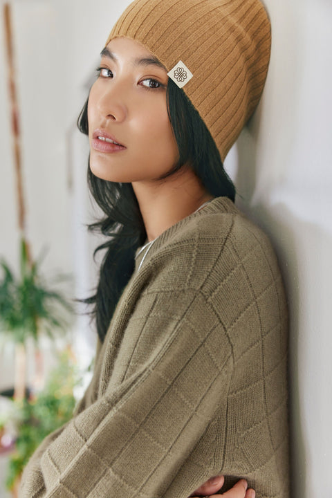Natural Color Cashmere Rib Knit Hat in Taupe, editorial photo