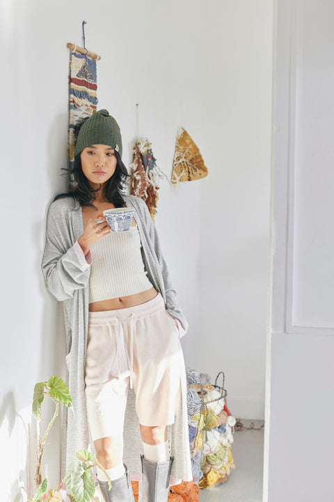 Natural Color Cashmere Rib Knit Hat in Taupe, editorial photo