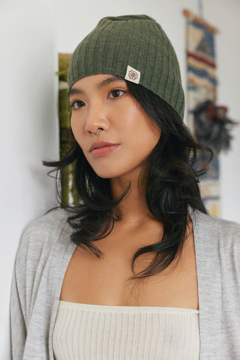 Natural Color Cashmere Rib Knit Hat in Taupe, editorial photo