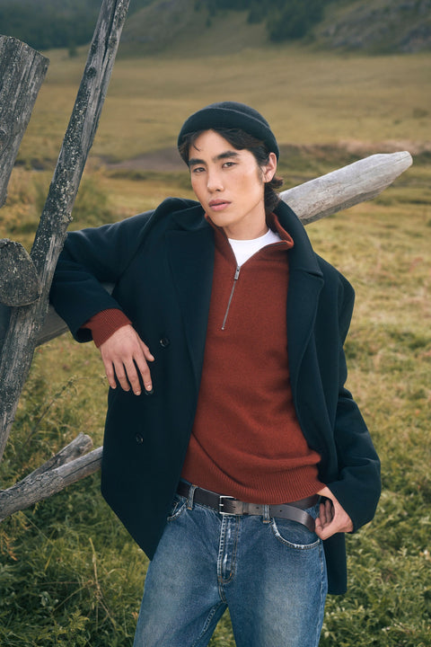 Men's Seamless Cashmere Half-Zip Sweater in Navy, editorial photo