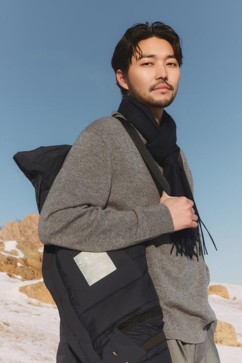 Gray Cashmere Fringed Scarf, editorial photo