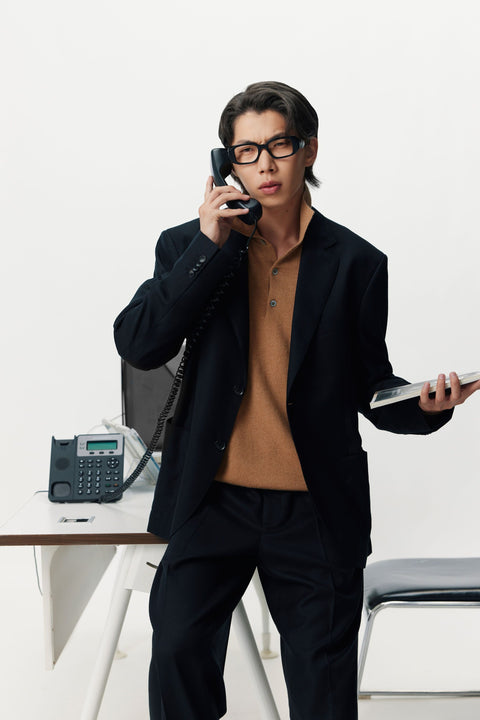Essential Cashmere Polo Sweater in Urban Silver, editorial photo