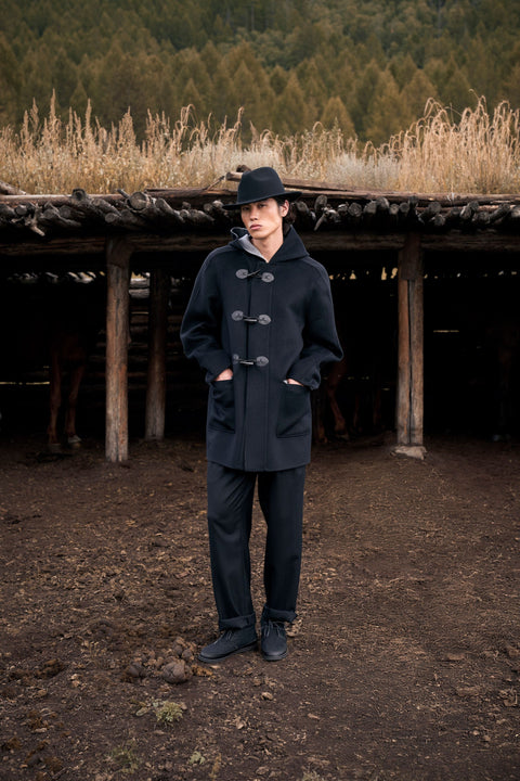 Cashmere Hooded Duffle Coat in Taupe, editorial photo