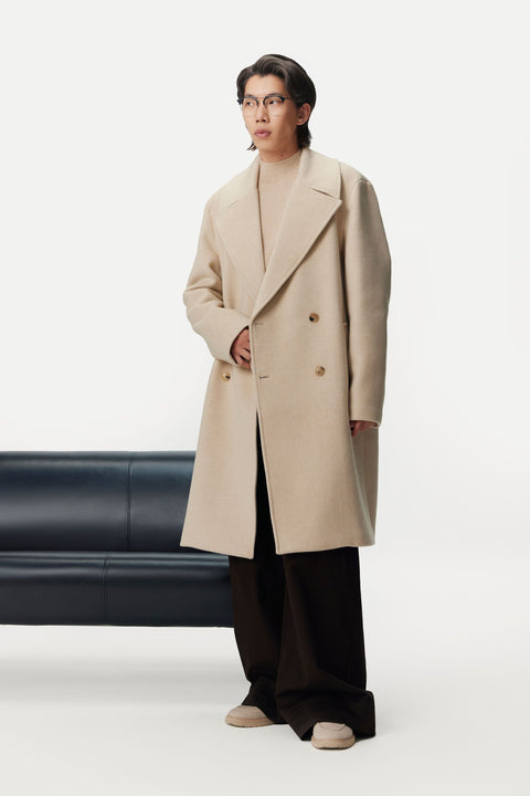 Gray Double-Breasted Cashmere Coat for Men, editorial photo