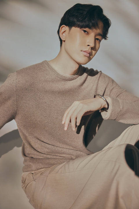 Essential Cashmere Crewneck Sweater in Charcoal, editorial photo