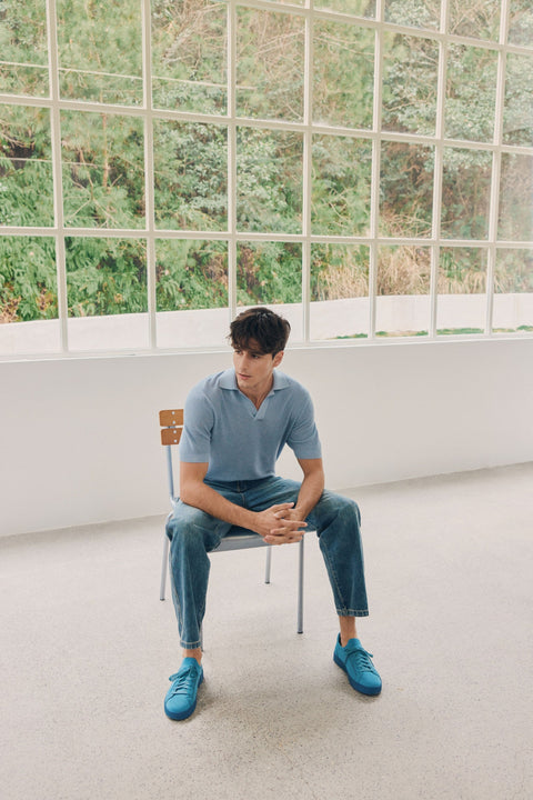 Open Collar Silk Cashmere Polo Shirt in Tile Blue, editorial photo