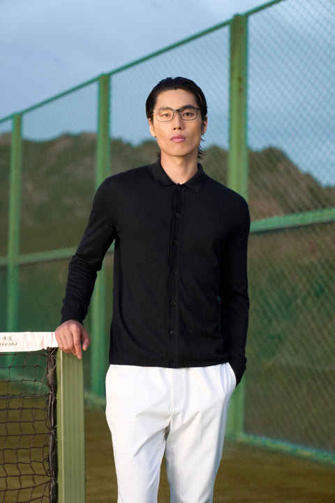 Cashmere Silk Polo-Neck Cardigan, editorial photo