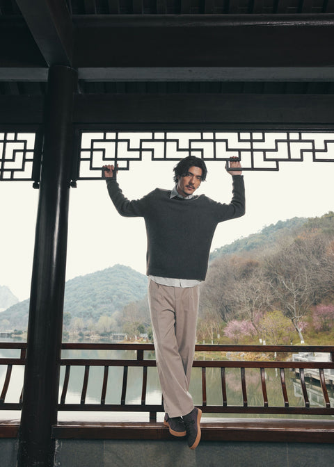 Ribbed Cashmere Sweater in Earth Brown, editorial photo