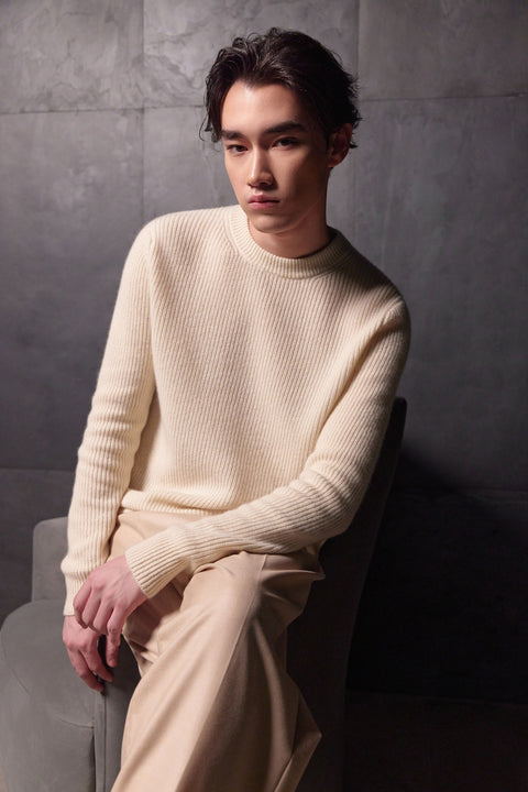 Ribbed Cashmere Sweater in Earth Brown, editorial photo