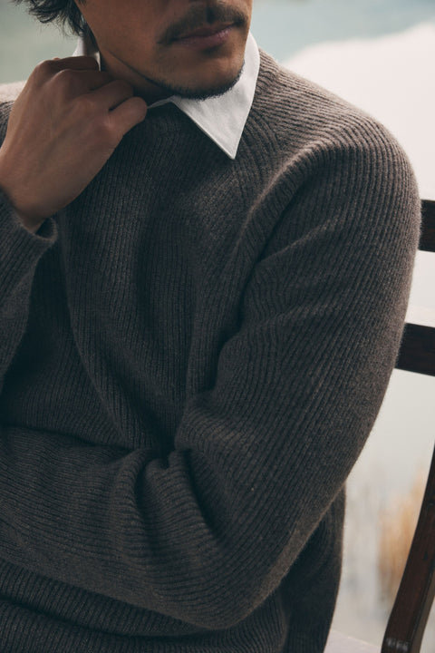 Ribbed Cashmere Sweater in Earth Brown, editorial photo
