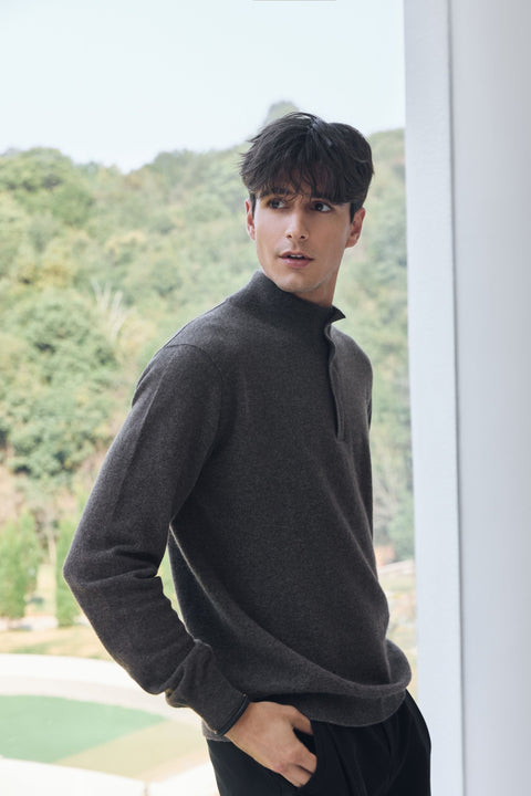 Timeless Cashmere Half-Zip Sweater in Gray, editorial photo