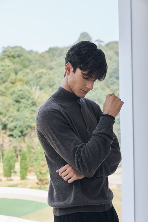 Timeless Cashmere Half-Zip Sweater in Gray, editorial photo