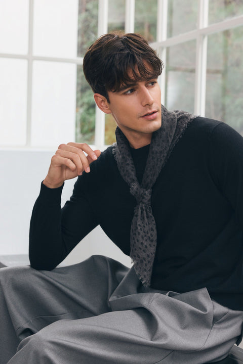 Cashmere Silk C-Neck Sweater in Graphite Black, editorial photo