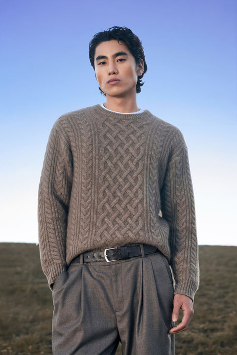 Cashmere Aran Cable-Knit Crewneck Sweater in Taupe, editorial photo