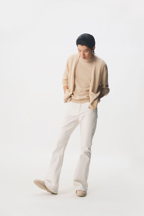 Essential Cashmere V-Neck Cardigan in Off-White, editorial photo