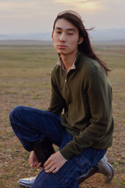 Essential Cashmere Half-Zip Sweater in Gray, editorial photo