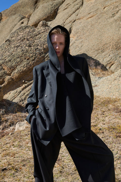 Black Double-Breasted Cashmere Suit Blazer, editorial photo