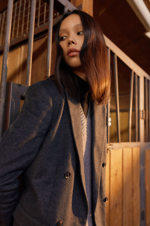 Charcoal Double-Breasted Cashmere Blazer, editorial photo