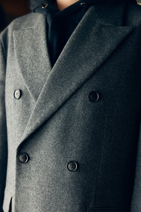 Charcoal Cashmere Peak Lapel Long Coat, editorial photo