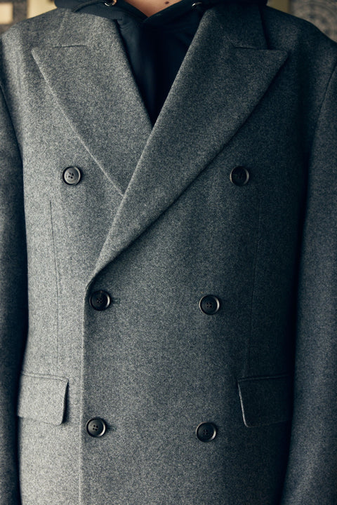 Charcoal Cashmere Peak Lapel Long Coat, editorial photo