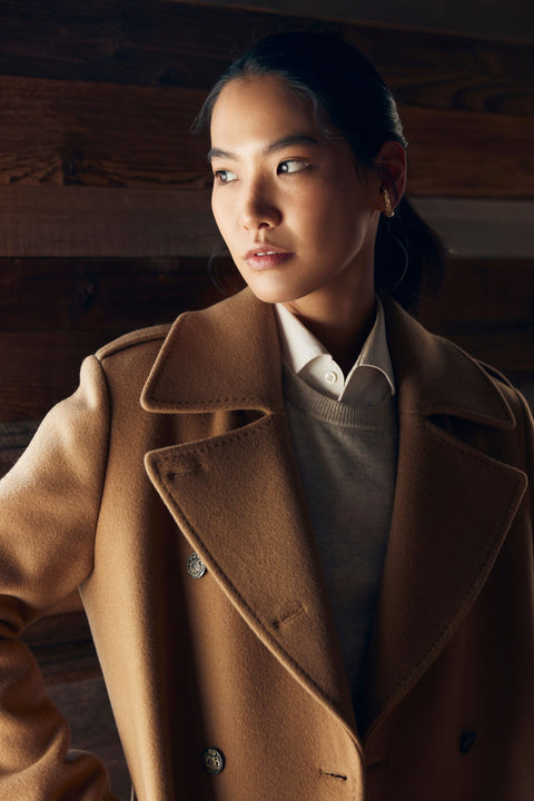 Double-Breasted Cashmere Coat in Olive Green, editorial photo