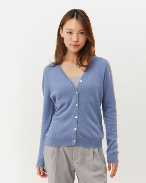 Essential Cashmere V-Neck Cardigan in Blue, editorial photo