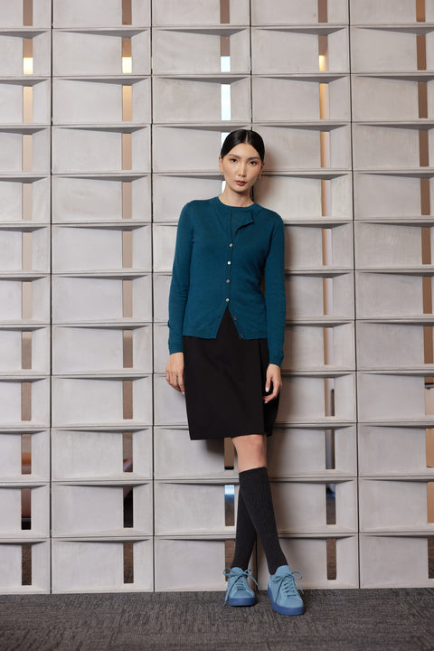 Essential Cashmere Crewneck Cardigan in Beige, editorial photo
