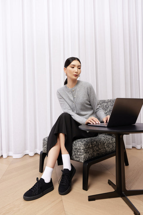 Essential Cashmere Crewneck Cardigan in Beige, editorial photo