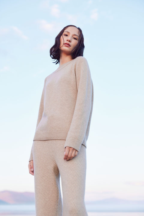 Wide-Leg Ajour Knit Pants in Taupe, editorial photo
