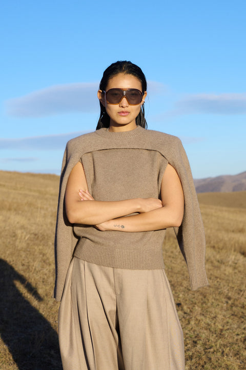 Timeless Cashmere Crewneck Vest in Steel Silver, editorial photo