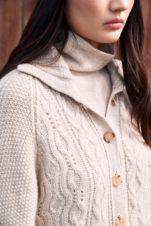 Cashmere Cutaway-Collar Cable-Knit Cardigan, editorial photo