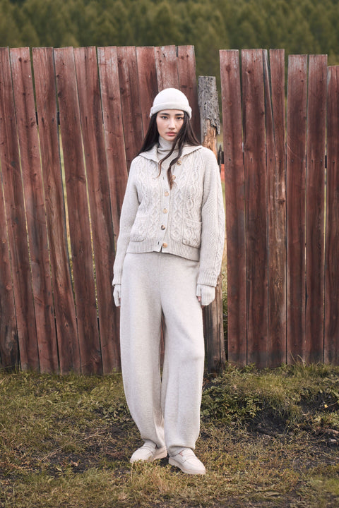 Cashmere Cutaway-Collar Cable-Knit Cardigan, editorial photo