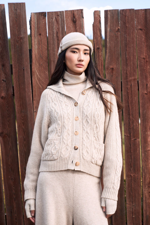 Cashmere Cutaway-Collar Cable-Knit Cardigan, editorial photo