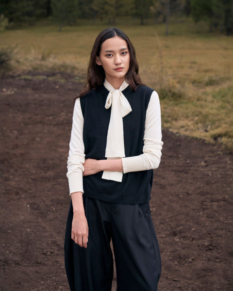 Barrel-Leg Cashmere Pants in Dark Brown, editorial photo