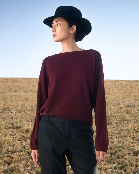 Cashmere Rolled-Edge Boat-Neck Sweater, editorial photo