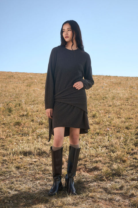 Cashmere Scarf-Belt Tunic Dress, editorial photo