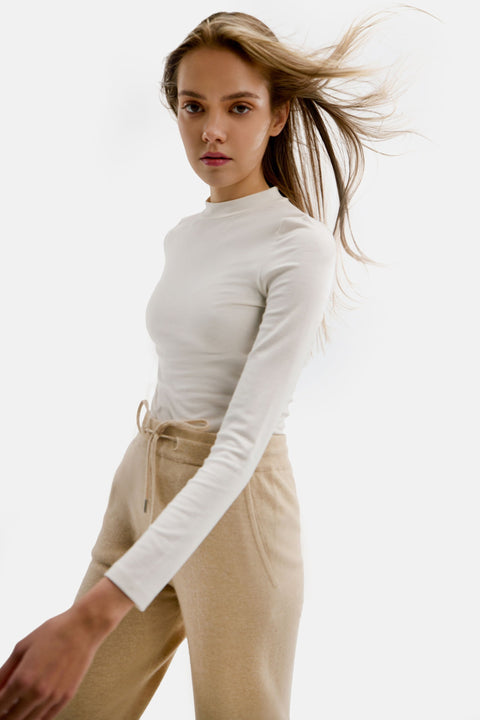 Natural Color Cuffed Cashmere Jogger in Beige, editorial photo