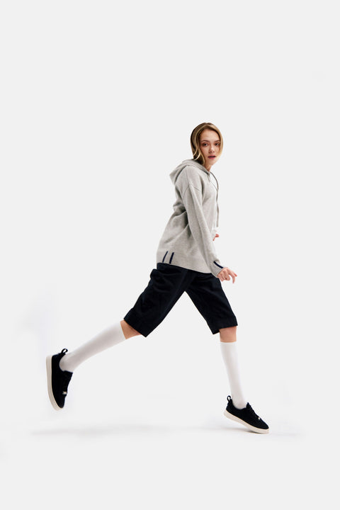 Cashmere Pullover Hoodie in Light Gray, editorial photo