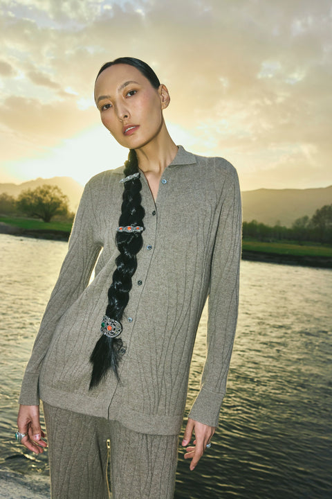 Silk Cashmere Cardigan in Herbal Green, editorial photo