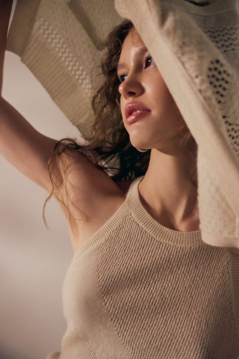 Natural Color Cashmere Top in Dusty Beige, editorial photo