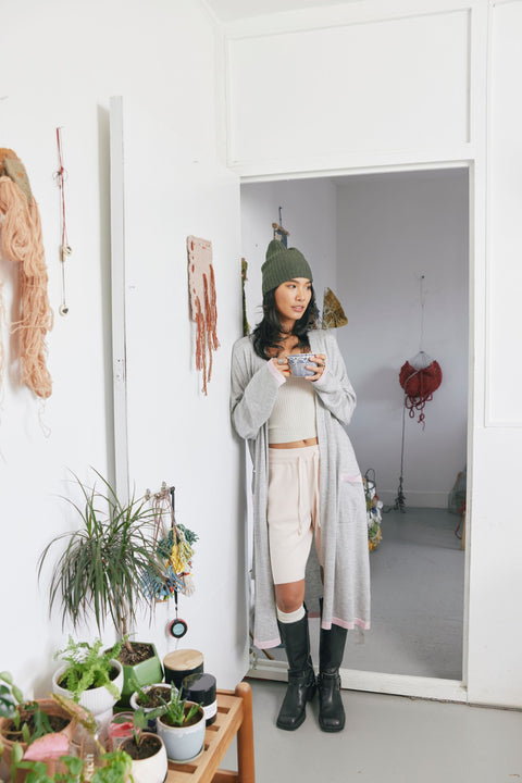 Lightweight Cashmere Silk Shorts in Pure White, editorial photo