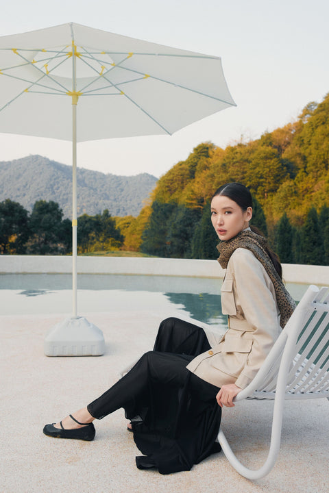 Natural Color Belted Cashmere Safari Jacket in Dusty Beige, editorial photo