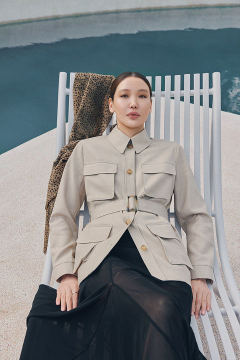 Natural Color Belted Cashmere Safari Jacket in Dusty Beige, editorial photo